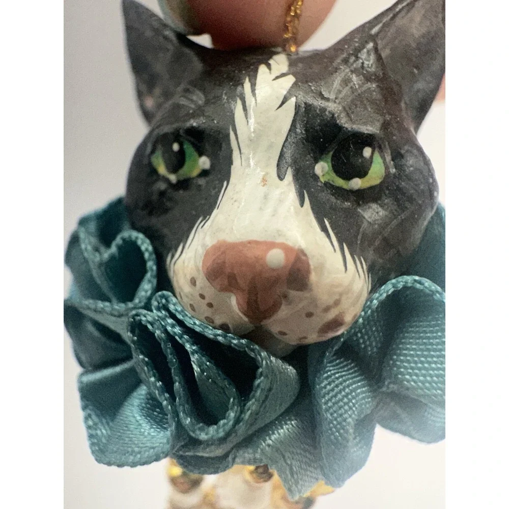 Whimsical Cat Ornament With Gold Toned Dangles Black And White
